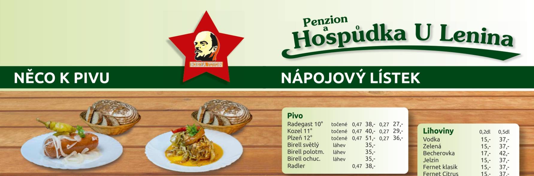 Nápojový a jídelní lístek Hospůdka a Penzion U Lenina